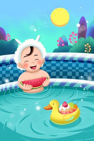 蓝色系卡通手绘风大暑夏景配图