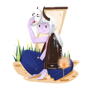 传统风格中元节白发青皮鬼怪,免抠元素