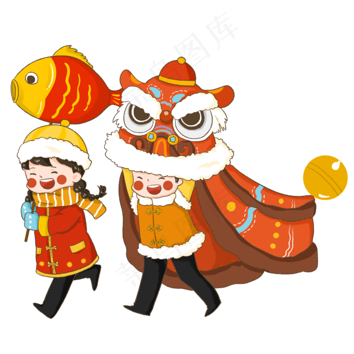 新年2019年孩子舞狮中国风,免抠元素