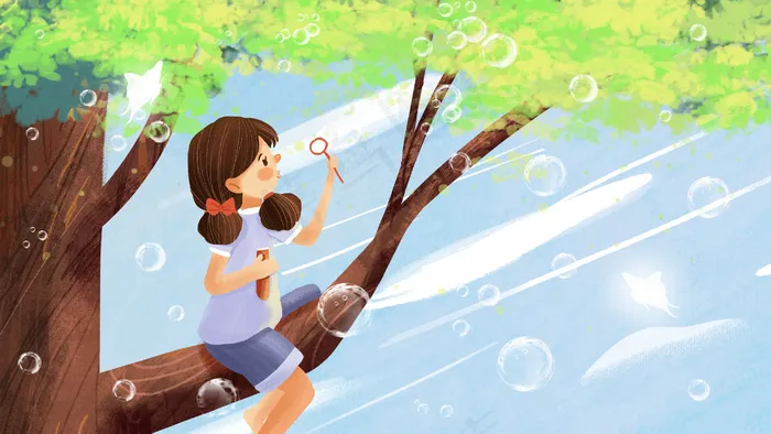 夏日小女孩树上吹泡泡梦幻治愈系(2880*1620px 300 dpi )psd模版下载