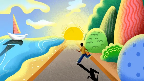 卡通手绘风五月你好旅游风景配图