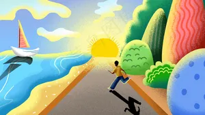 卡通手绘风五月你好旅游风景配图