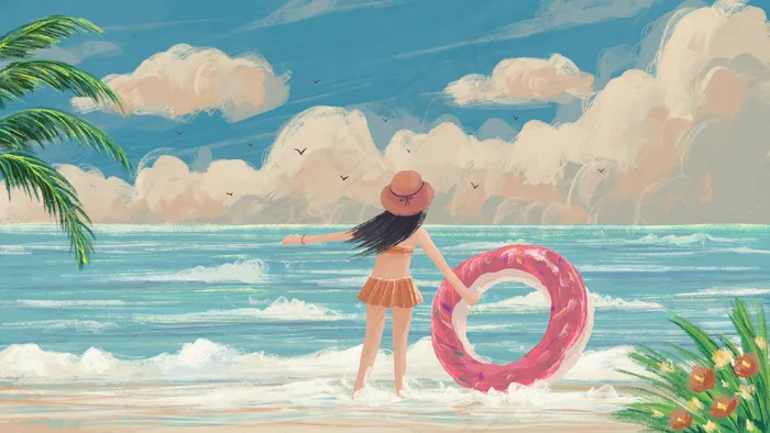 夏天主题之女孩在海边游泳天空治愈系(2880*1620px 300 dpi )psd模版下载
