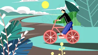 蓝色系卡通手绘风夏景小暑出行配图