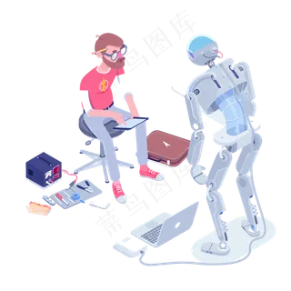 手绘卡通测试智能机器人的科研人,免抠元素