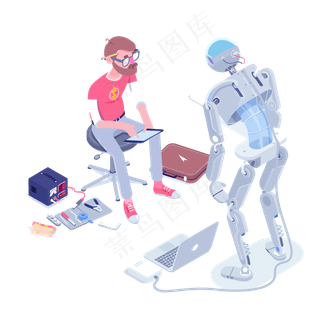 手绘卡通测试智能机器人的科研人,免抠元素