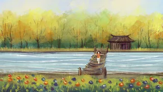 油画女孩过木桥风景小清新