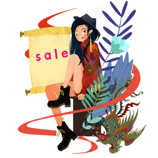 国潮可爱少女折扣sale,免抠元素