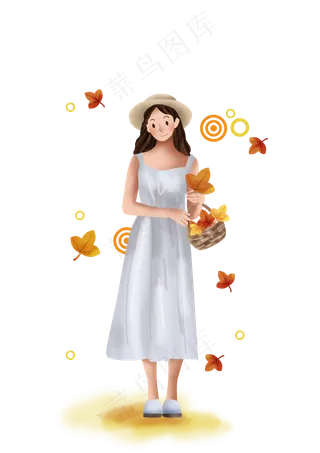 立秋秋天落叶和女孩,免抠元素