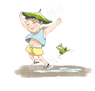 夏季大暑小暑雨中顶荷叶的小男孩