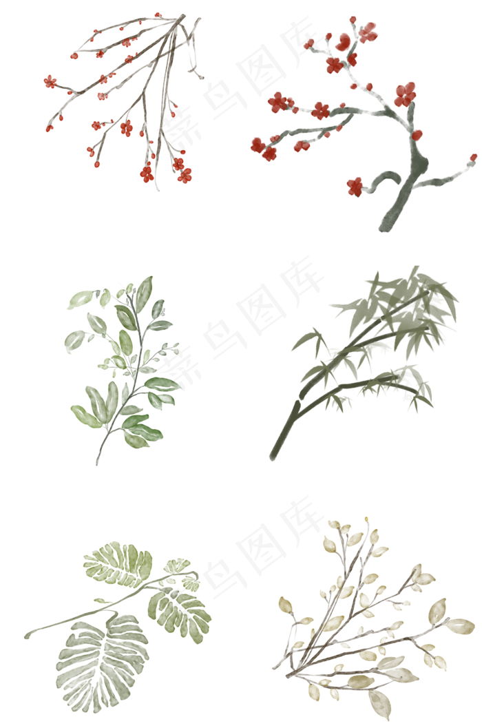 水墨植物免抠组合(2000X3020(DPI:300))psd模版下载