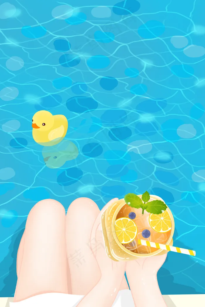 小清新夏季女生泳池边喝水果茶