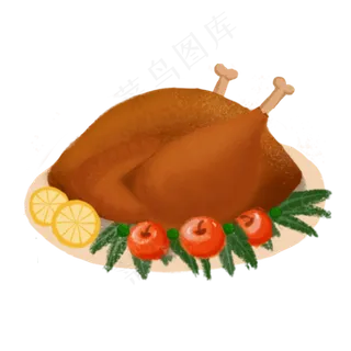 手绘卡通一盘感恩节烧鸡配大餐,免抠元素