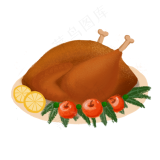 手绘卡通一盘感恩节烧鸡配大餐,免抠元素