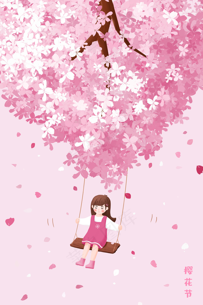 花瓣飞舞的樱花树下小女孩在荡秋千