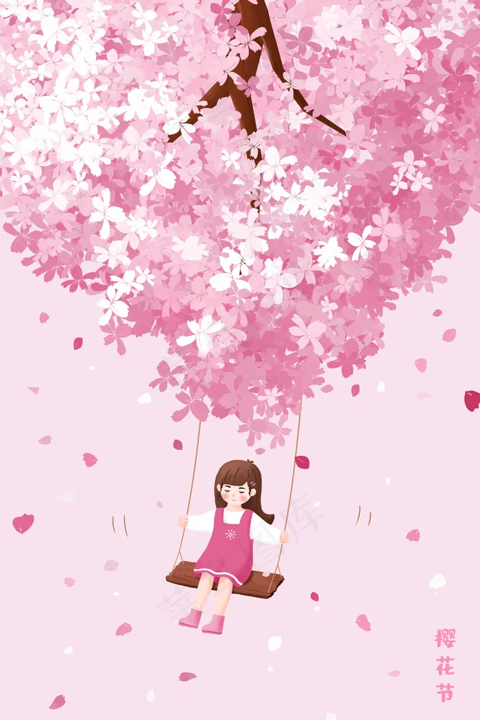 花瓣飞舞的樱花树下小女孩在荡秋千(3545X5315(DPI:300))psd模版下载