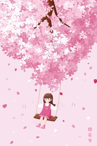 花瓣飞舞的樱花树下小女孩在荡秋千