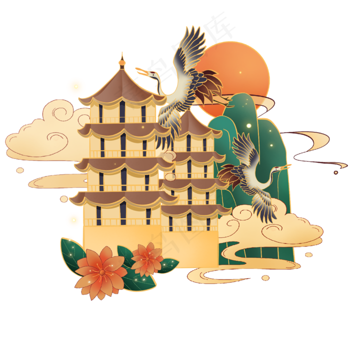国潮宝塔仙鹤,免抠元素(2500*2500px 300 dpi )psd模版下载