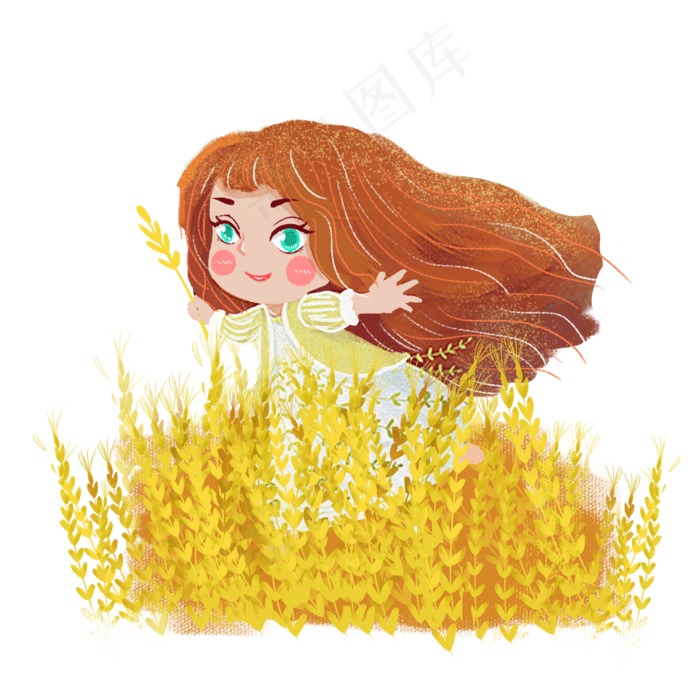 金色麦田芒种拾麦女孩png素材