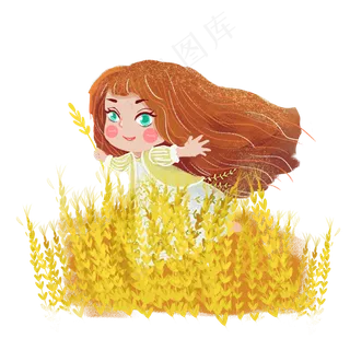 金色麦田芒种拾麦女孩png素材