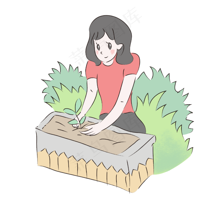 清新手绘植树节女孩种树树芽漫画