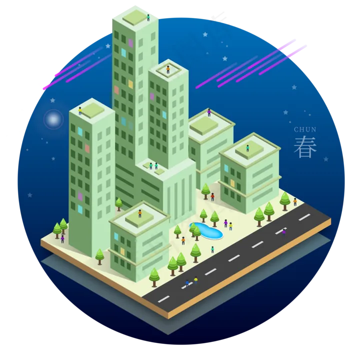 2.5D科技城市流星星空下四季春天�,免抠元素ai矢量模版下载
