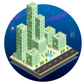 2.5D科技城市流星星空下四季春天�,免抠元素