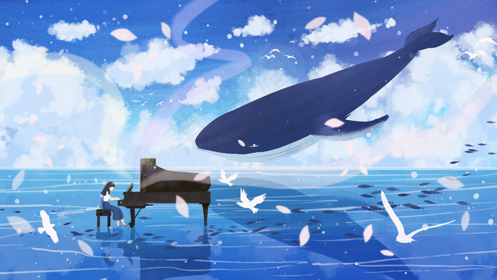 夏日天空女孩弹钢琴梦幻治愈系(2880*1620px 300 dpi )