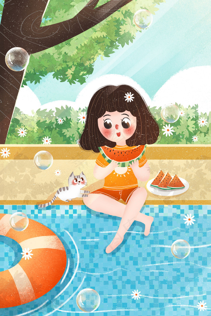 小清新立夏女孩泳池边吃西瓜