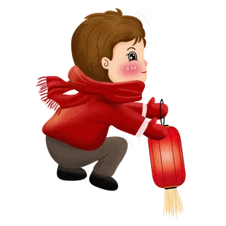 手绘可爱男孩提着灯笼元素,免抠元素