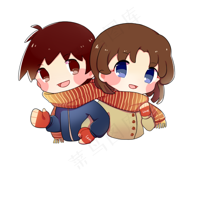 七夕节暖色日系卡通小情侣png