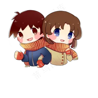 七夕节暖色日系卡通小情侣png