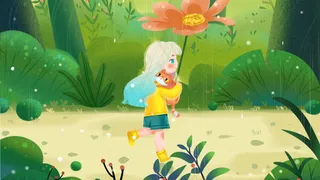 绿色春天卡通小清新谷雨森林女孩配图