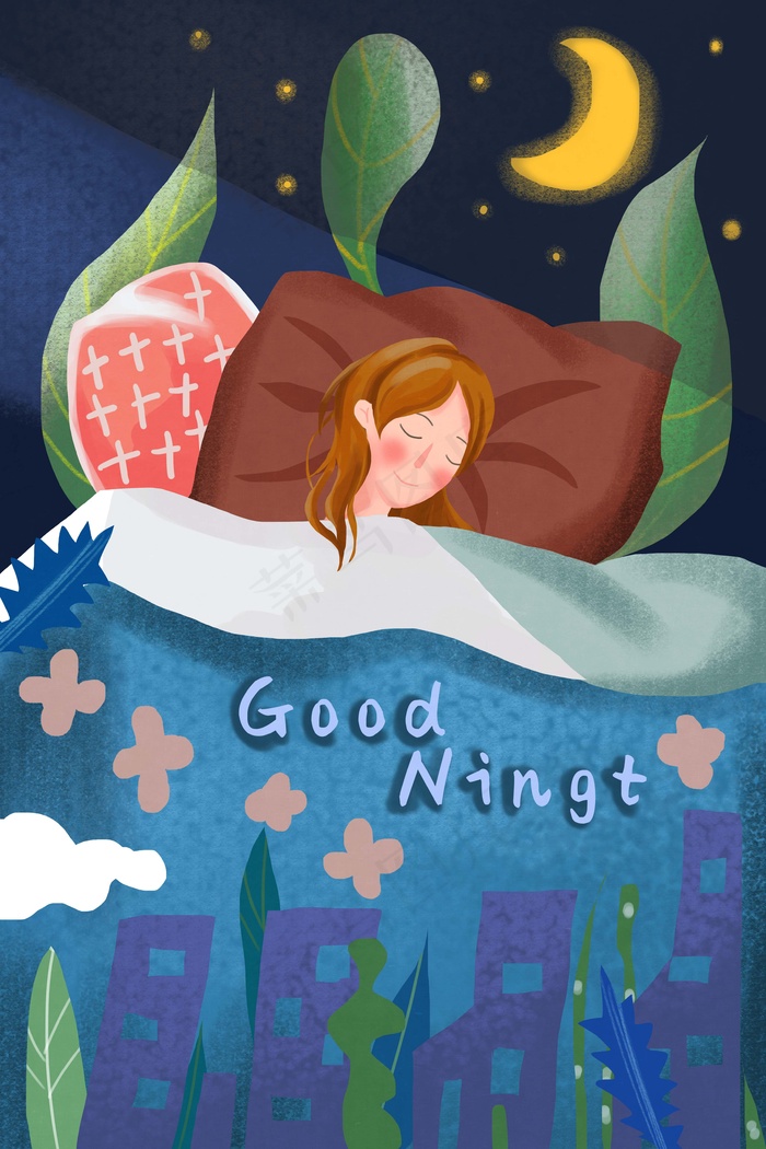 晚安夜晚扁平可爱少女明月可爱风格手绘插画