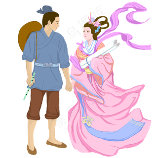 七夕牛郎织女有情人相会手绘高清,免抠元素