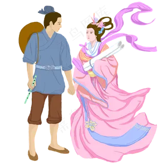 七夕牛郎织女有情人相会手绘高清,免抠元素 七夕牛郎织女有情人相会手绘高清,免抠元素
