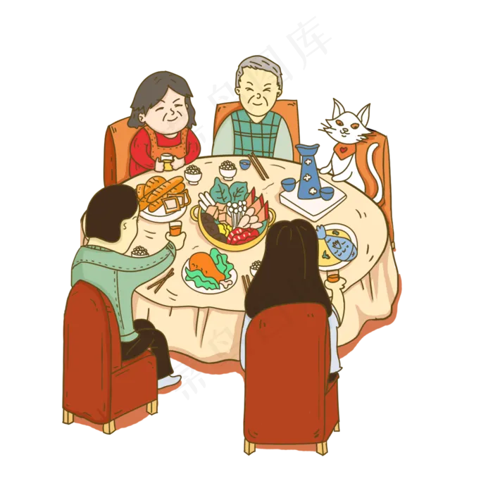 卡通手绘春节家人围在一起吃火锅,免抠元素