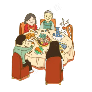 卡通手绘春节家人围在一起吃火锅,免抠元素