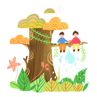 手绘植树节男孩坐在树上开心玩耍