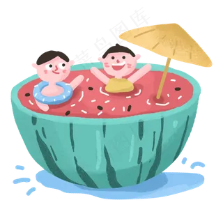 夏季男孩们在西瓜里游泳
