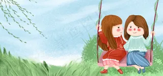春分节气可爱小女孩荡秋千卡通banner