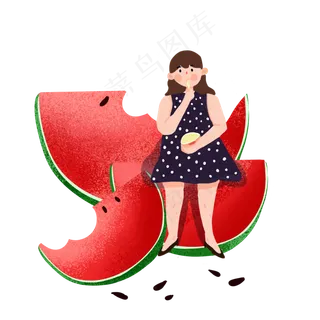 大暑女孩坐在西瓜上吃雪糕PNG