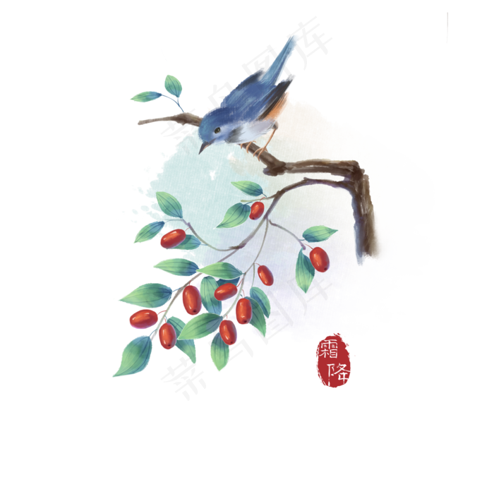 古风霜降红枣和鸟,免抠元素