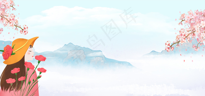 38妇女节手绘花朵白云梦幻蓝banner