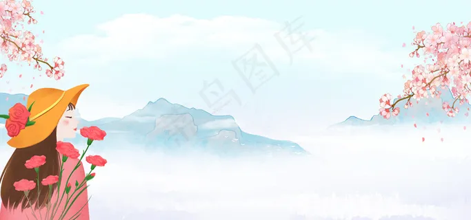 38妇女节手绘花朵白云梦幻蓝banner 38妇女节手绘花朵白云梦幻蓝banner