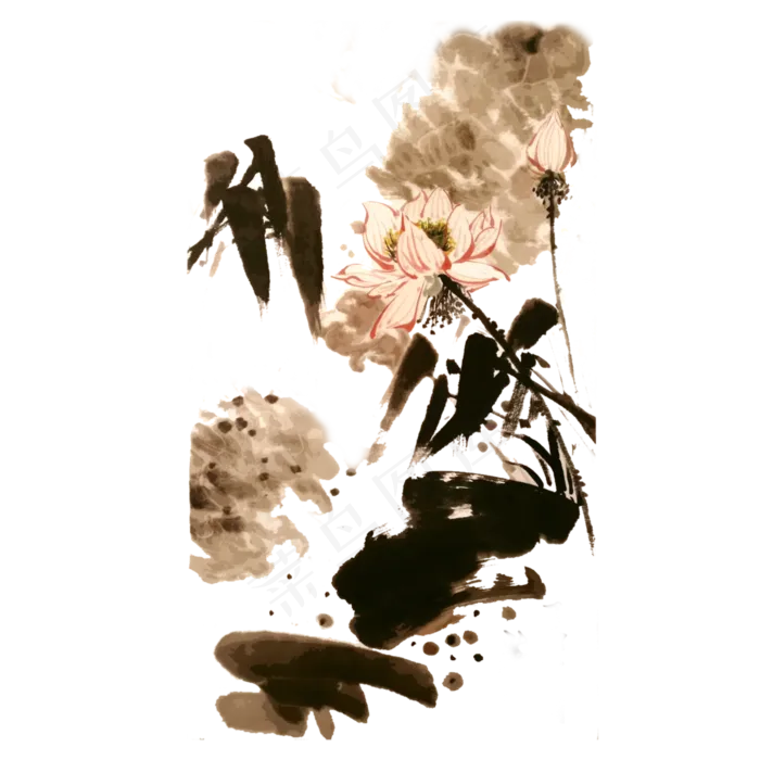 水墨复古荷花睡莲文人花鸟PNG,免抠元素(3000X3000(DPI:300))psd模版下载