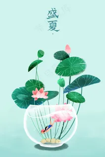 绿色系卡通手绘风夏景荷花配图 绿色系卡通手绘风夏景荷花配图