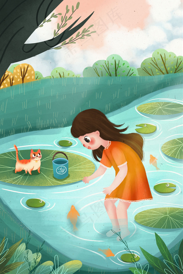 夏天大暑节气女孩小溪抓鱼