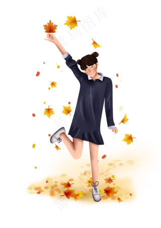 立秋秋季落叶和女孩,免抠元素