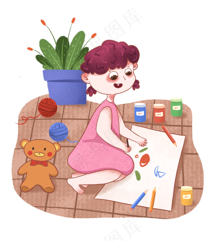 儿童节在家画画的小女生,免抠元素